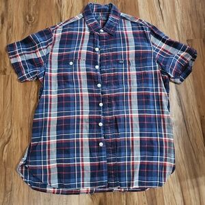 Ralph Lauren Navy Blue Red White Plaid Short-Sleeve Button-Down Shirt Size M